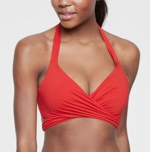 Athleta Bra Cup Wrap Bikini Top Red 32B/C Halter Swim Top